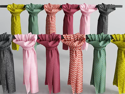 Vibrant Scarves In Assorted Colors And Patterns Hanging On A Display Rack 3d model