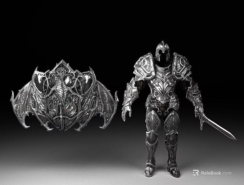 Man In Silver Armor Holding Sword Standing Next To Decorative Shield And Intricate Armor Patterns 3d model 