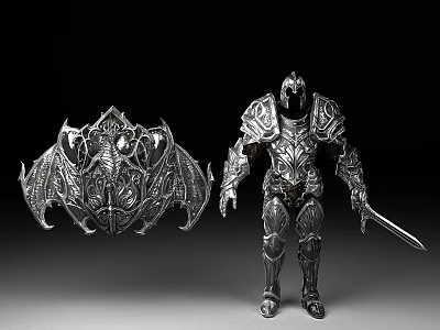 Man In Silver Armor Holding Sword Standing Next To Decorative Shield And Intricate Armor Patterns 3d model