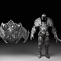 Man In Silver Armor Holding Sword Standing Next To Decorative Shield And Intricate Armor Patterns