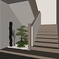 Modern Staircase With Wooden Treads LED Lighting Green Plant And Decorative Sculpture