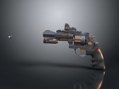 Tactical Revolver With Black And Orange Design Scope Flying Bullet And Textured Grip 3d model