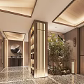 Elegant Hotel Corridor With Traditional Wooden Ceiling Decorative Columns And Potted Plants