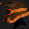 Dark Colored Protective Helmet With Red Goggles And Breathing Tube Strap