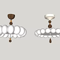 Two Modern Chandeliers With White Spherical Shades And Wooden Details Hanging From Ceiling
