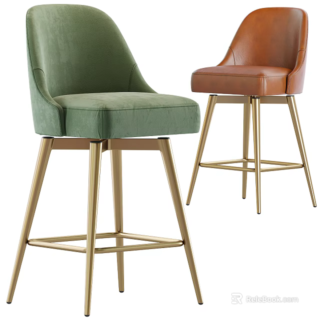 Elegant Modern Bar Stools With Green Velvet And Brown Leather Seats Gold Metal Legs 3d model 