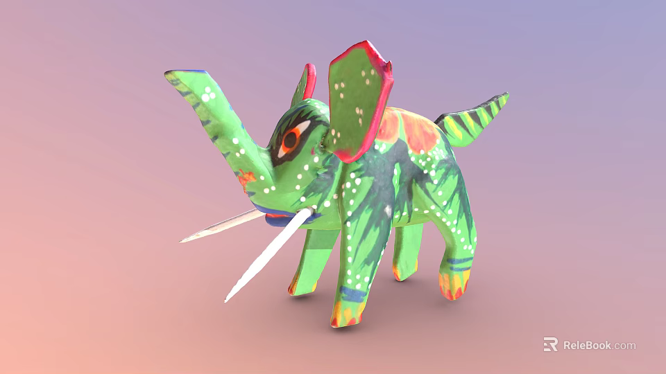 Colorful Green Elephant Toy With Red Ears Floral Patterns White Tusks Striped Tail 3d model 