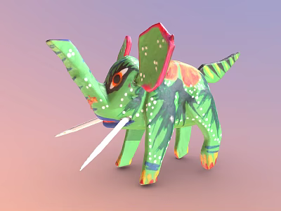 Colorful Green Elephant Toy With Red Ears Floral Patterns White Tusks Striped Tail 3d model