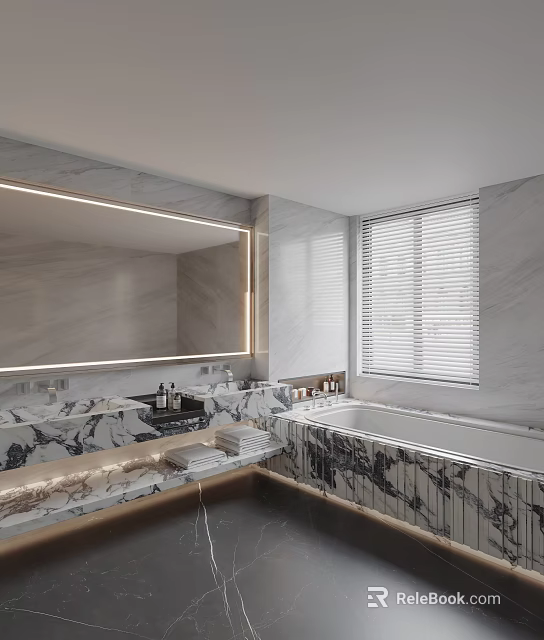 Modern Bathroom Interior Design With Marble Vanity Large Mirror Bathtub And Window Blinds 3d model 