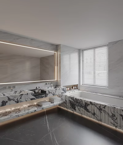 Modern Bathroom Interior Design With Marble Vanity Large Mirror Bathtub And Window Blinds 3d model