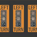 Three Orange Left Turn Traffic Signs With Bold Lettering And Reflective Surfaces
