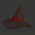 Gray Witch Hat With Pointed Top And Red Plaid Band For Halloween Costume