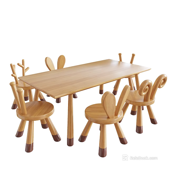 Wooden Kids Table With Animal Shaped Chairs Rabbit Ear Design And Non Slip Feet 3d model 