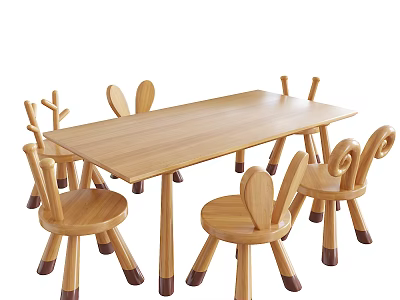 Wooden Kids Table With Animal Shaped Chairs Rabbit Ear Design And Non Slip Feet 3d model