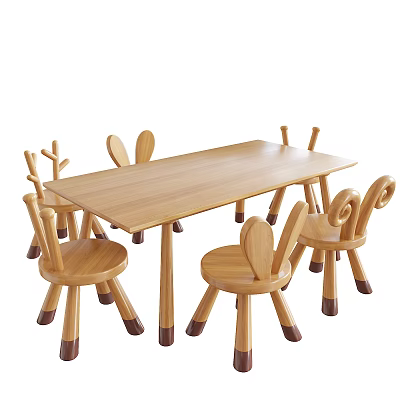 Wooden Kids Table With Animal Shaped Chairs Rabbit Ear Design And Non Slip Feet 3d model