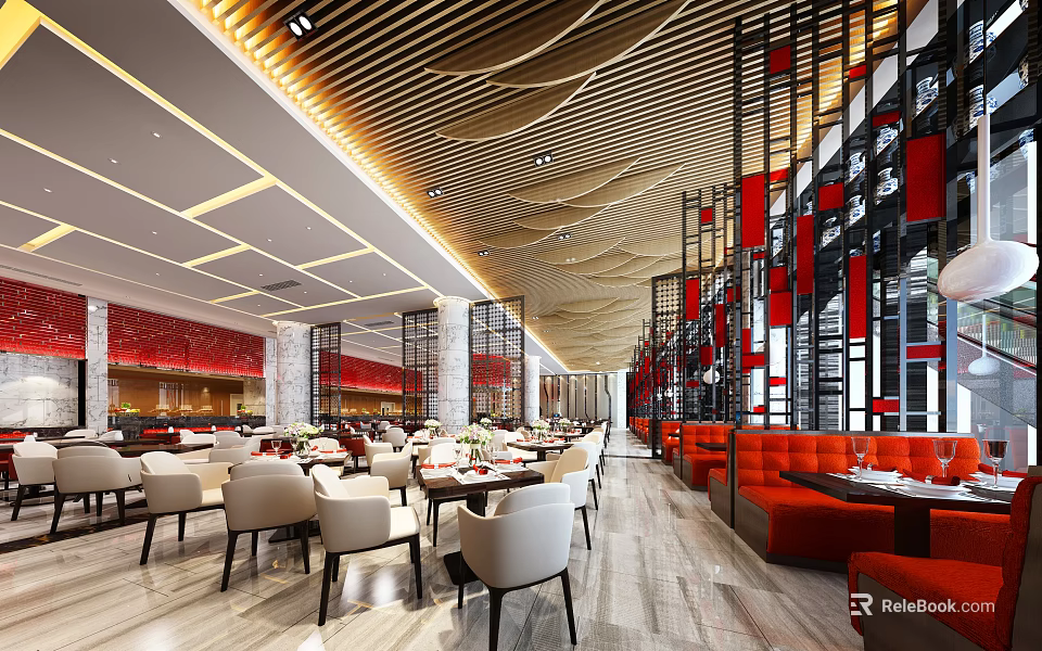 Modern Luxury Restaurant Interior With Red Decor Wooden Ceiling And Marble Flooring Dining Tables 3d model 