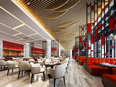 Modern Luxury Restaurant Interior With Red Decor Wooden Ceiling And Marble Flooring Dining Tables 3d model