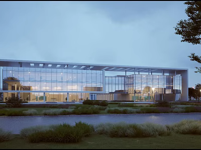 Modern Office Building Featuring Glass Curtain Walls And Landscaped Green Surroundings 3d model