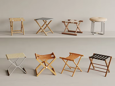 Various Stylish Stools With Wooden Metal Frames And Modern Design Features 3d model