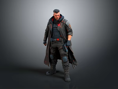 Male Character In Tactical Outfit With Long Coat Armor Details And Combat Boots 3d model