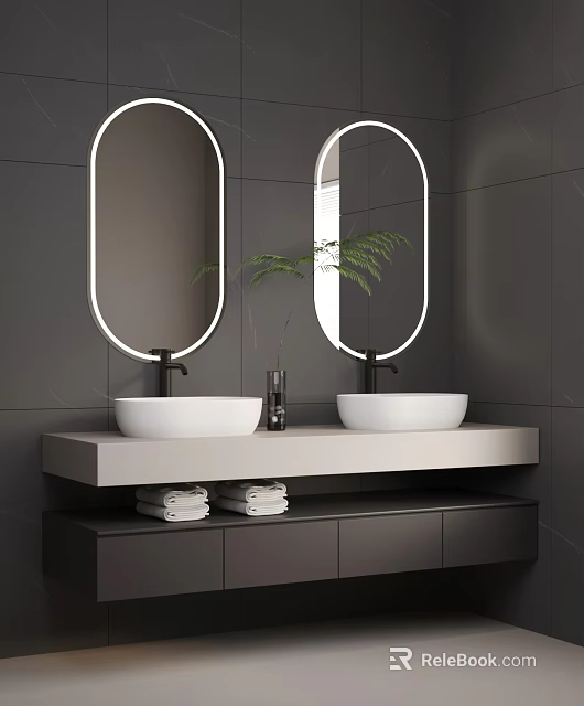 Modern Bathroom Interior With Double Sinks Oval Backlit Mirrors Gray Tiled Walls And Plant 3d model 
