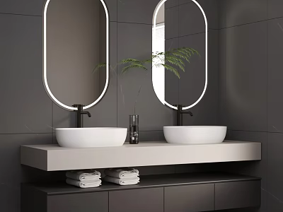 Modern Bathroom Interior With Double Sinks Oval Backlit Mirrors Gray Tiled Walls And Plant 3d model