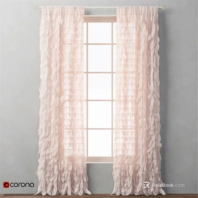 Elegant Pink Ruffled Curtains Hanging On White Window With Light Gray Wall 3d model 