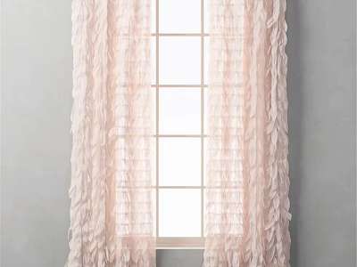 Elegant Pink Ruffled Curtains Hanging On White Window With Light Gray Wall 3d model