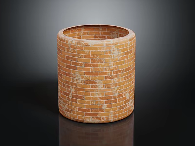 Cylindrical Brick Vessel With Brown Beige Texture Worn Surface And Reflective Base On Black Background 3d model