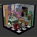 Cartoon Room Scene With Brick Wall Shelves Colorful Items Desk Computer Armchair And Checkerboard Floor