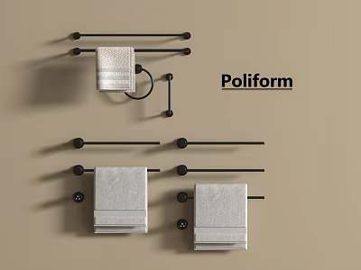 Modern Bathroom Accessories With Black Towel Bars And White Towels On Beige Wall 3d model