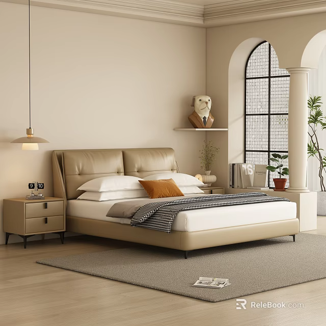 Minimalist Bedroom Interior With Beige Leather Bed Nightstand Hanging Lamp And Arched Window 3d model 