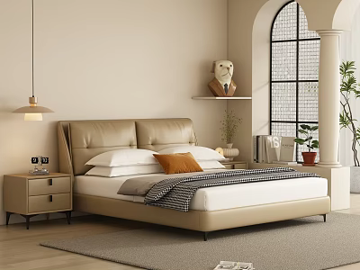 Minimalist Bedroom Interior With Beige Leather Bed Nightstand Hanging Lamp And Arched Window 3d model