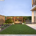 Elegant Garden Landscape With Covered Seating Area Wooden Deck Outdoor Sofas And Greenery