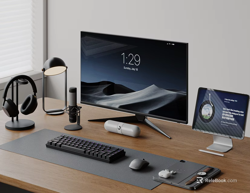 Modern Computer Workstation Setup With Monitor Keyboard Mouse Headphones And Desk Accessories 3d model 