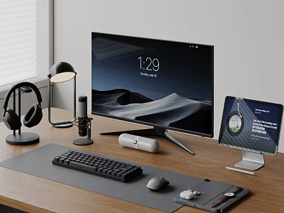Modern Computer Workstation Setup With Monitor Keyboard Mouse Headphones And Desk Accessories 3d model