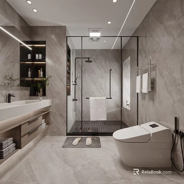Modern Bathroom Interior With Smart Toilet Glass Shower And Vanity 3d model 