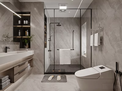 Modern Bathroom Interior With Smart Toilet Glass Shower And Vanity 3d model