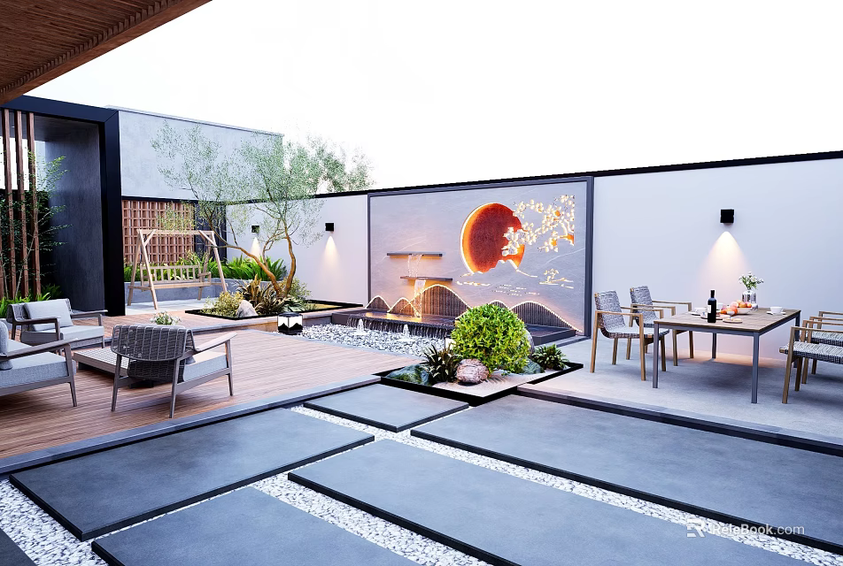 Modern Courtyard Feature Wall With Circular Sun Design Tree Branches Water Feature And Lighting 3d model 