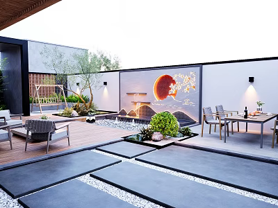 Modern Courtyard Feature Wall With Circular Sun Design Tree Branches Water Feature And Lighting 3d model