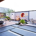 Modern Courtyard Feature Wall With Circular Sun Design Tree Branches Water Feature And Lighting