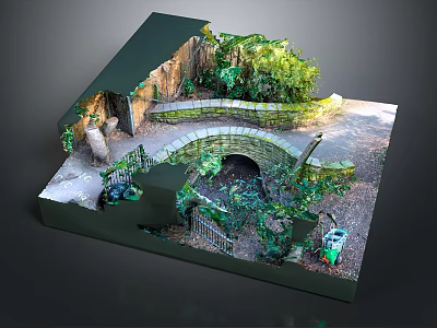 Garden Courtyard Landscape Design With Stone Arch Pathway Green Vines And Iron Gate 3d model