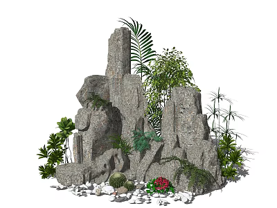 Garden Ornament Featuring Rock Formation Palm Leaves Bamboo Green Plants Red Flowers And Pebbles 3d model