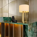 Modern Luxury Reception Desk With Golden Wavy Wall Green Marble Countertop And Decor Accents