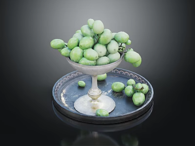 Fresh Green Olives in Glass Goblet on Silver Tray with Scattered Fruits 3d model