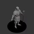 Silver Armor Worn By Human Figure With Spear On Round Platform Against Dark Background 3d model