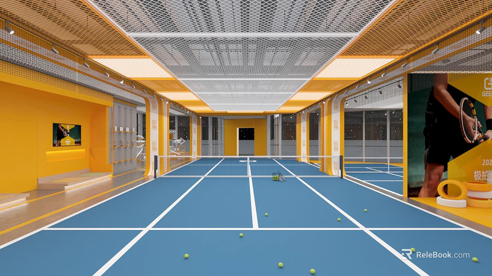 Indoor Basketball Court With Blue Floor White Lines Green Balls Yellow Walls And Mesh Ceiling 3d model 