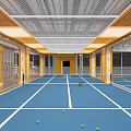 Indoor Basketball Court With Blue Floor White Lines Green Balls Yellow Walls And Mesh Ceiling