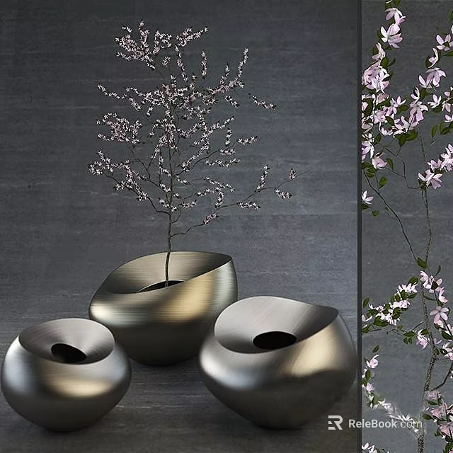 Modern Metallic Garden Ornaments With Curved Planters And Blossom Branches 3d model 