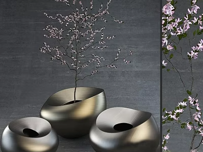 Modern Metallic Garden Ornaments With Curved Planters And Blossom Branches 3d model